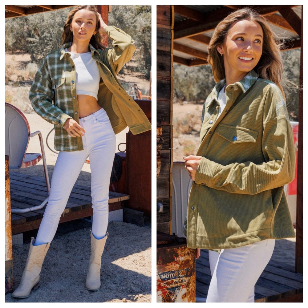 23 Boho Plaid Color Block Twofer Corduroy Shirt Jacket